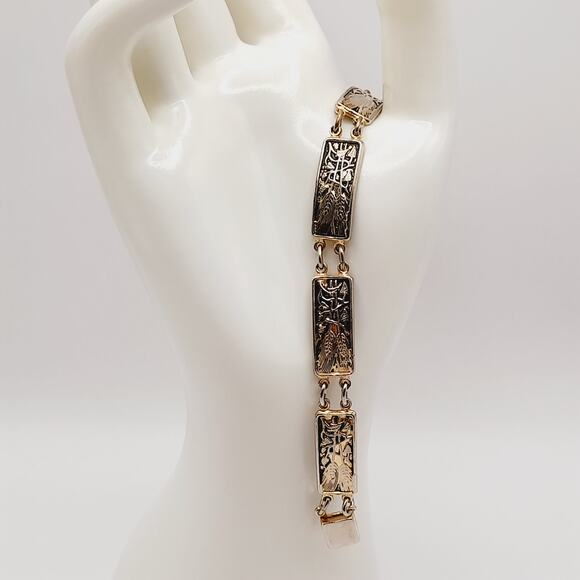 Vintage Wheat Themed Damascene Gold Tone Black Enamel Links Bracelet - 7 Inches - Picture 11 of 11